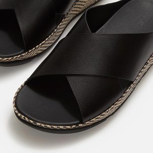 Luxury Black Leather Cross-Strap Gentle Slides for women