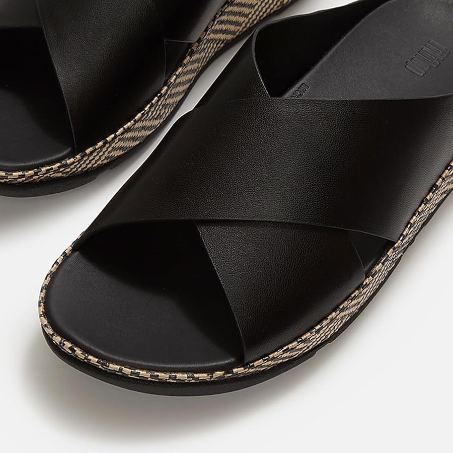 Luxury Black Leather Cross-Strap Gentle Slides for women