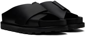 Luxury Black Leather Cross-Strap Gentle Slides