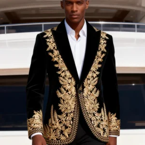 Luxury Gold-Baroque Velvet Evening Dinner Jacket