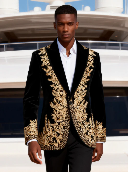 Luxury Gold-Baroque Velvet Evening Dinner Jacket